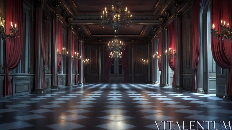 Grand chandelier ballroom stands ready in hushed twilight glow