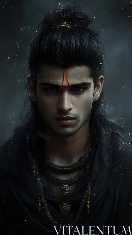 Brooding mystic prince with sacred tilak in stormlight portrait.