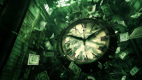 Clockwork money storm swirling through emerald city time.