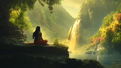 Quiet river meditation beneath golden waterfall light.