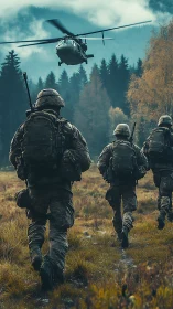 Soldiers advance under low helicopter through misty forest field.