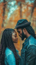 Denim-Clad Couple in Intimate Profile Composition Against Textured Urban Backdrop