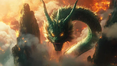 Volumetric-lit emerald dragon coils through burning volcanic canyon