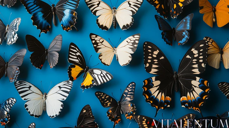 Colorful butterfly specimens rest against vivid blue backdrop