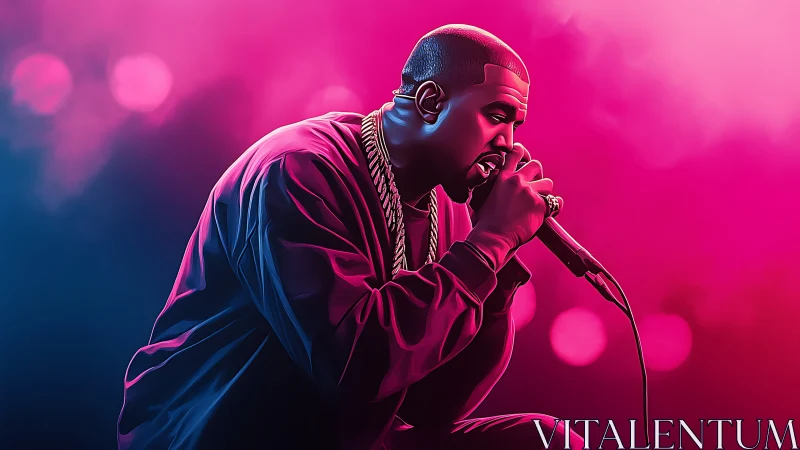 Digital portrait of rapper performing under neon lights.