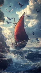 Sailing vessel passes rocky shoreline amid dense seabird flight