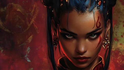 Digital portrait depicts stern woman with markings and jewelry