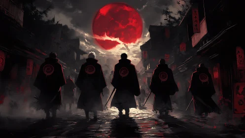 Red lunar eclipse dominates cloaked warriors in alleyway march