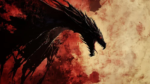 Silhouetted dragon head over textured red background.