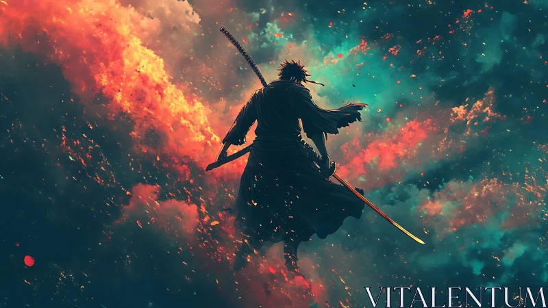 Lone samurai silhouette against fiery cosmic sky.
