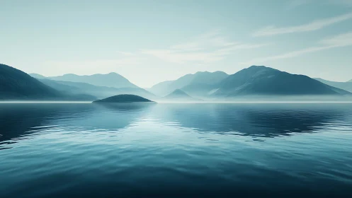 Photorealistic misted lake with layered alpine mountainscape.