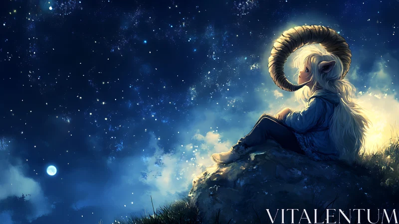 Horned dreamer under luminous starfield in atmospheric profile