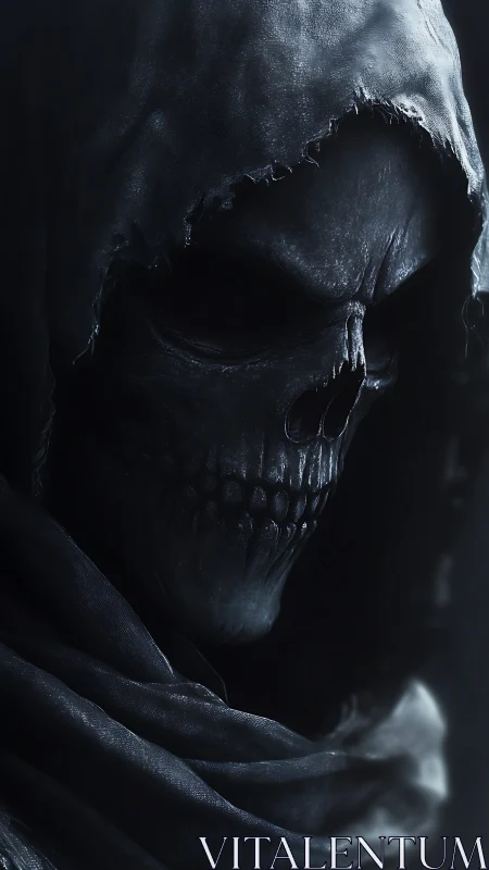 Hooded skeletal entity rendered with high-contrast volumetric lighting