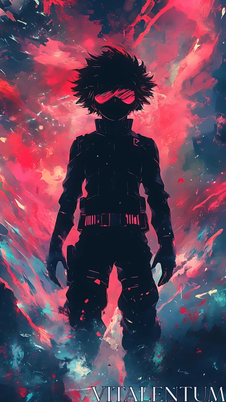 Silhouetted cyber operative amid neon particle explosion.