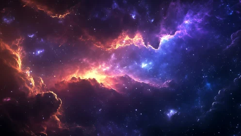 Radiant cosmic nebula glows through dense interstellar clouds