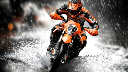 High-speed orange racing motorcycle carving wet asphalt corner