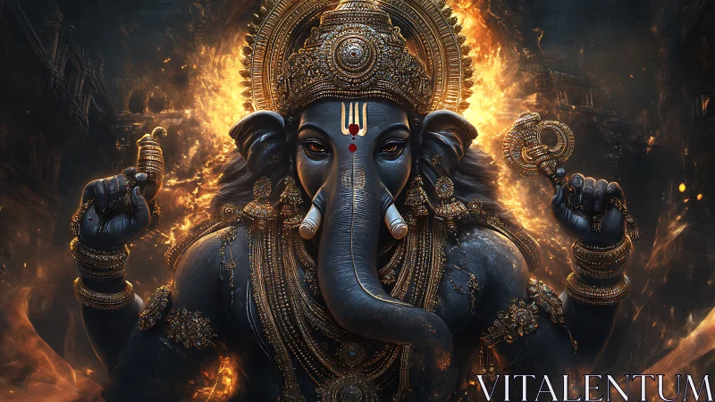 Detailed digital deity with elephant head in fiery scene.