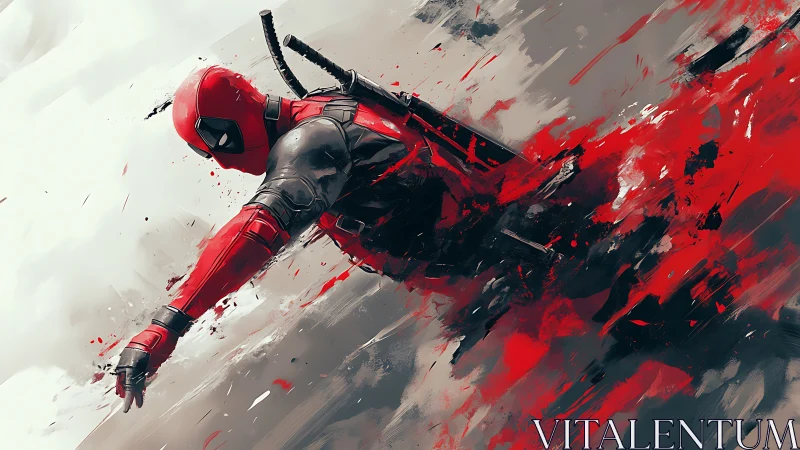 Masked red-suited fighter in dynamic abstract motion.