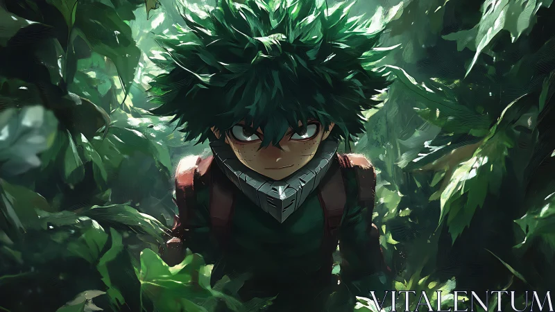 Forest shadows crown a determined hero with wild green light