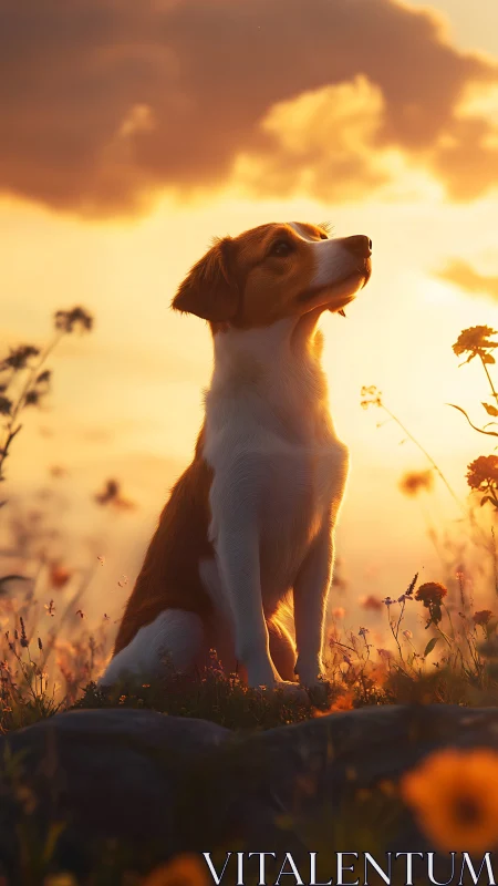Alert brown and white dog sitting in warm sunset field.