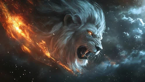 Lion head rendered as fiery spectral form in space
