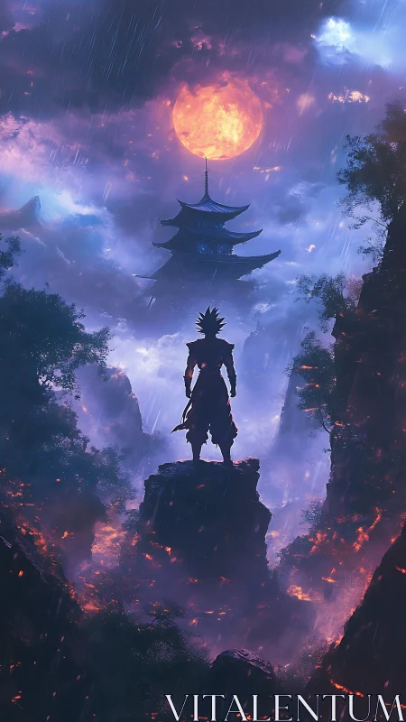 Storm-walker warrior beneath ember moonlit pagoda.