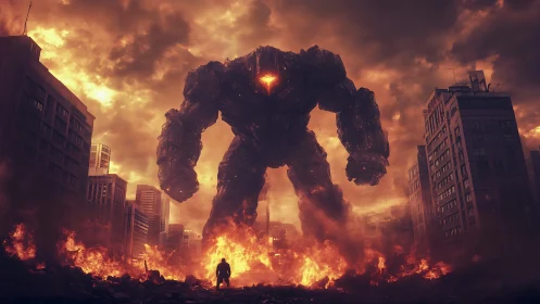 Colossal lava golem towers over burning city ruins.
