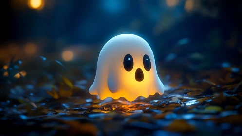 Glowing cartoon ghost lamp illuminates a nocturnal forest floor
