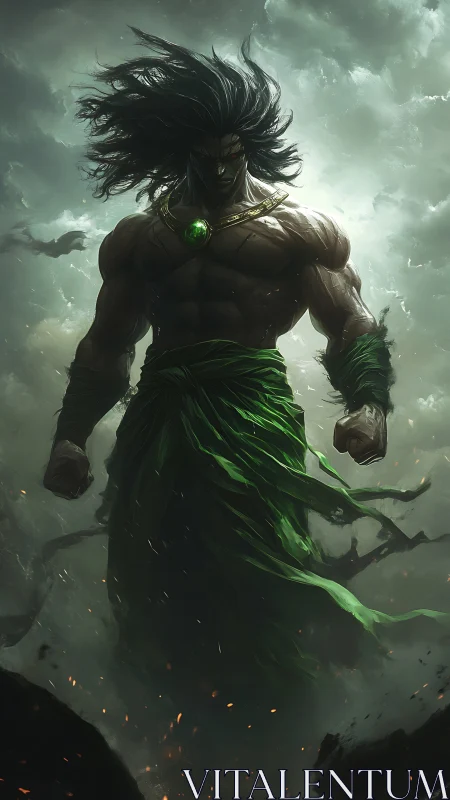 Stormlit titan with green energy focus dominates turbulent sky