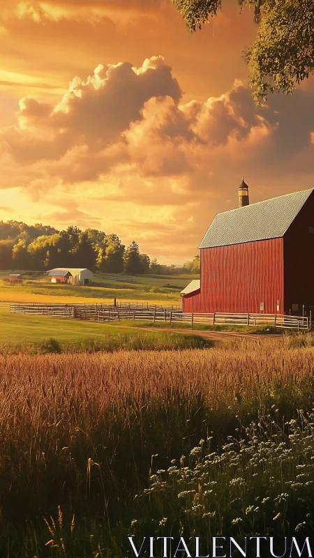 Golden hour light warms a red barn on peaceful farmland