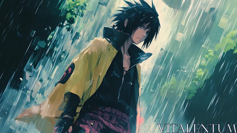 Solitary anime swordsman standing in steady rainfall.