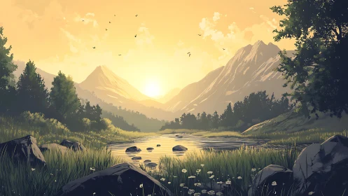 Sunrise hush over misty mountains and river of quiet gold.