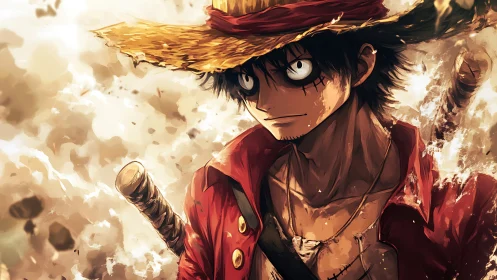 Battle-worn anime swordsman in dynamic dust and fire lighting