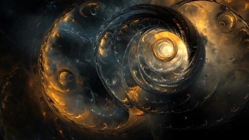 Golden fractal spiral with luminous swirling depth.