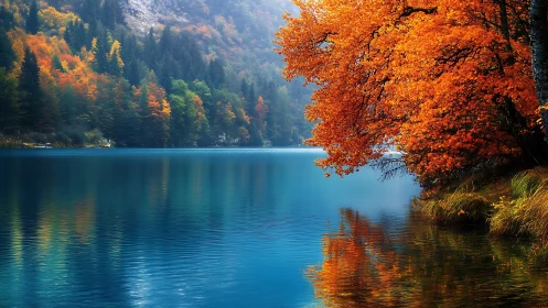 Bright orange autumn tree over calm blue mountain lake