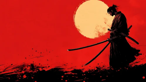 Solitary samurai silhouette against stark red sun.