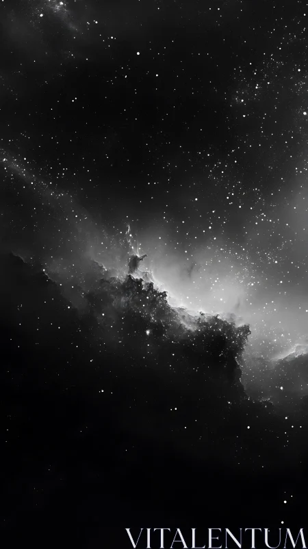 Monochrome stellar nebula rises through dense cosmic void