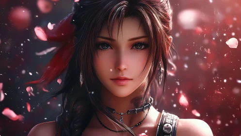 Digital portrait of young woman with petals in motion.