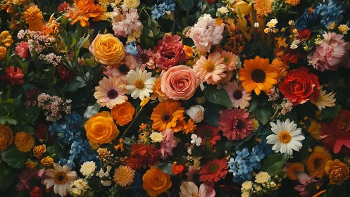 Dense Floral Composition Against Dark Background.