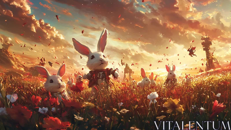 Sunlit rabbit scouts in flower field with distant mecha towers