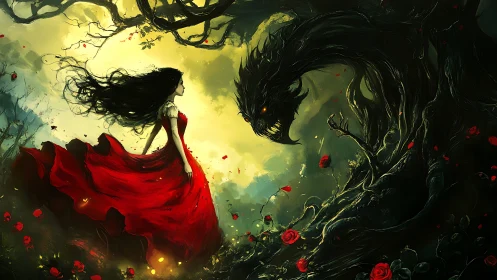 Crimson-gowned heroine confronting arboreal shadow beast.