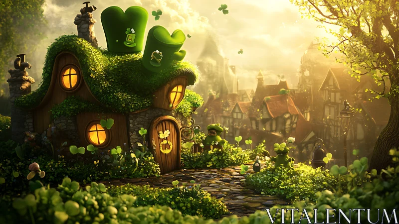 Leprechaun hat cottage stands in lush clover village glow