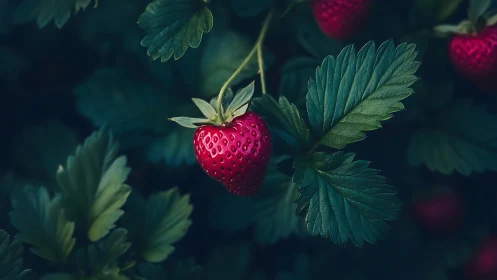 Ripe garden strawberry glows against deep green foliage.