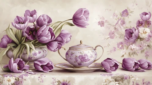 Lavender tulip tea hour pirouettes in porcelain calm.