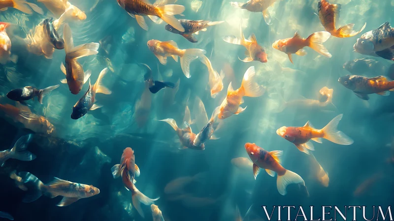 School of koi fish in diffused underwater sunlight view.