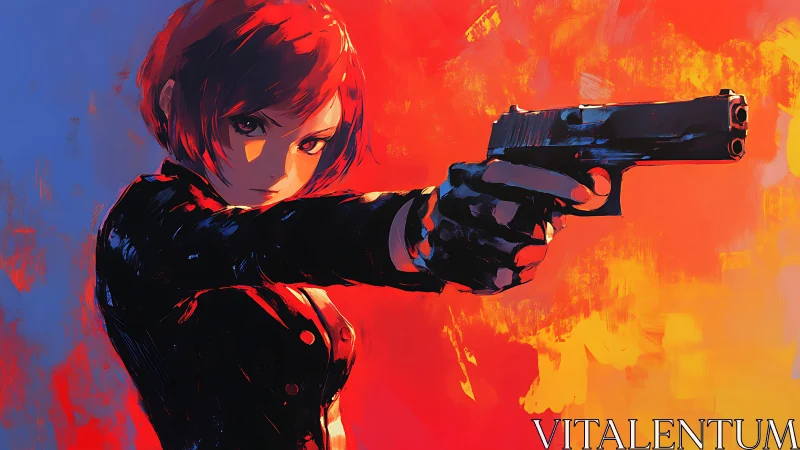 Red haired gunfighter extends pistol against blazing backdrop