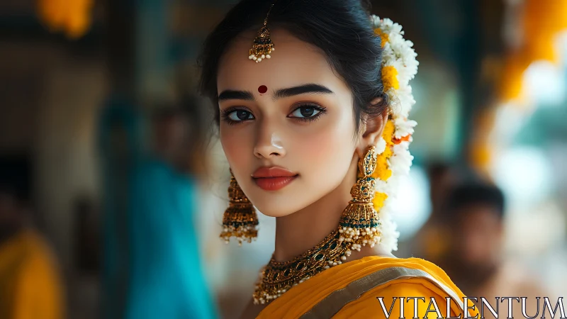 Sunlit gaze of a jasmine-crowned woman in golden silk.