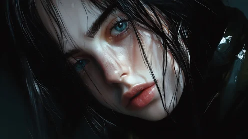 Close portrait shows wet-haired woman with intense blue gaze
