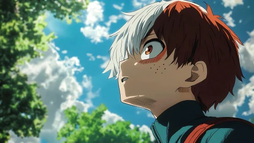 Bicolored-haired anime teen under volumetric summer sky.