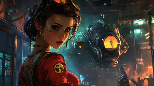 Female mechanic in neon industrial hangar with hovering pod.